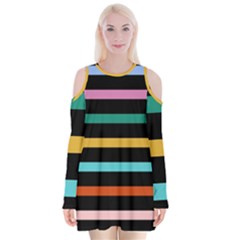 Colorful Mime Black Stripes Velvet Long Sleeve Shoulder Cutout Dress by tmsartbazaar