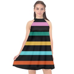 Colorful Mime Black Stripes Halter Neckline Chiffon Dress  by tmsartbazaar