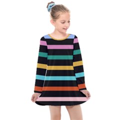 Colorful Mime Black Stripes Kids  Long Sleeve Dress by tmsartbazaar