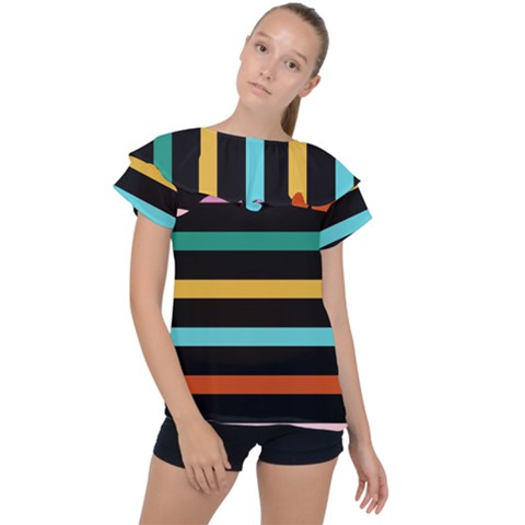 Colorful Mime Black Stripes Ruffle Collar Chiffon Blouse by tmsartbazaar