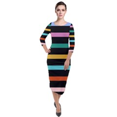 Colorful Mime Black Stripes Quarter Sleeve Midi Velour Bodycon Dress by tmsartbazaar