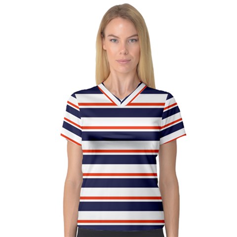 Red With Blue Stripes V-neck Sport Mesh Tee by tmsartbazaar