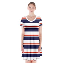 Red With Blue Stripes Short Sleeve V-neck Flare Dress by tmsartbazaar