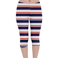 Red With Blue Stripes Velvet Capri Leggings  by tmsartbazaar