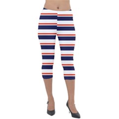 Red With Blue Stripes Lightweight Velour Capri Leggings  by tmsartbazaar