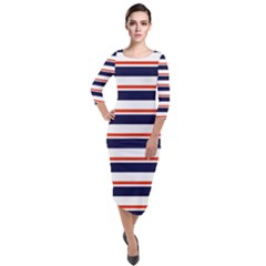 Red With Blue Stripes Quarter Sleeve Midi Velour Bodycon Dress by tmsartbazaar