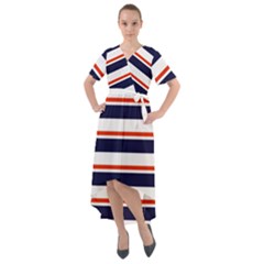 Red With Blue Stripes Front Wrap High Low Dress by tmsartbazaar