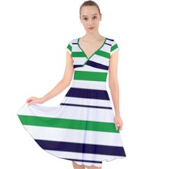 Green With Blue Stripes Cap Sleeve Front Wrap Midi Dress by tmsartbazaar