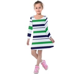 Green With Blue Stripes Kids  Long Sleeve Velvet Dress by tmsartbazaar