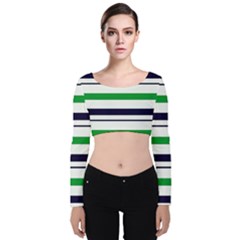 Green With Blue Stripes Velvet Long Sleeve Crop Top by tmsartbazaar