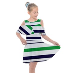 Green With Blue Stripes Kids  Shoulder Cutout Chiffon Dress by tmsartbazaar