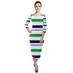 Green With Blue Stripes Quarter Sleeve Midi Velour Bodycon Dress by tmsartbazaar