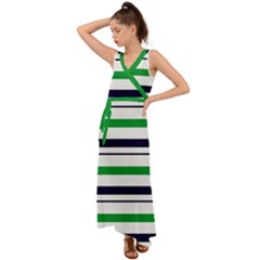 Green With Blue Stripes V-neck Chiffon Maxi Dress by tmsartbazaar