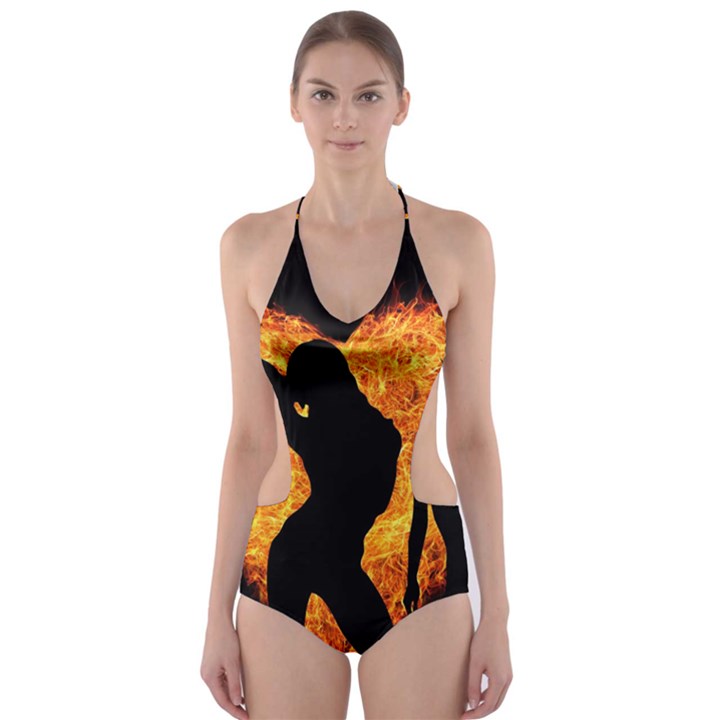 Shadow Heart Love Flame Girl Sexy Pose Cut-Out One Piece Swimsuit