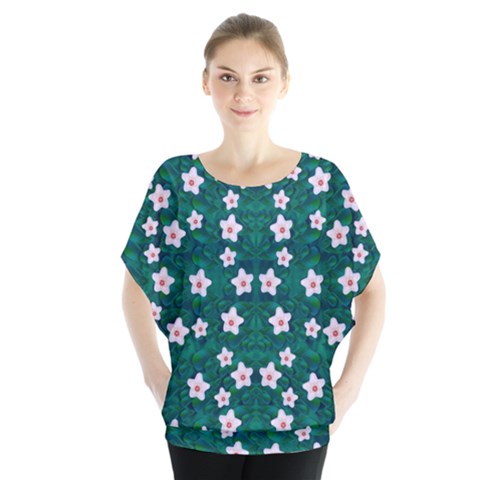 Porcelain Flowers  On Leaves Batwing Chiffon Blouse by pepitasart