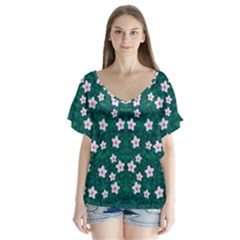 Porcelain Flowers  On Leaves V-neck Flutter Sleeve Top by pepitasart