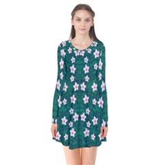 Porcelain Flowers  On Leaves Long Sleeve V-neck Flare Dress by pepitasart