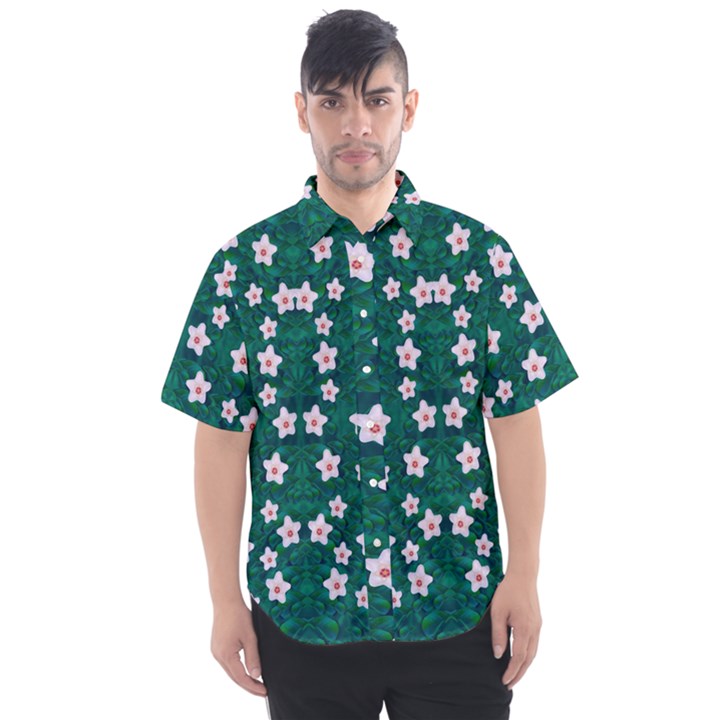 Porcelain Flowers  On Leaves Men s Short Sleeve Shirt