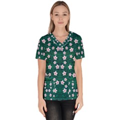 Porcelain Flowers  On Leaves Women s V-neck Scrub Top by pepitasart