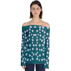 Porcelain Flowers  On Leaves Off Shoulder Long Sleeve Top