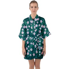 Porcelain Flowers  On Leaves Half Sleeve Satin Kimono  by pepitasart