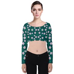 Porcelain Flowers  On Leaves Velvet Long Sleeve Crop Top by pepitasart