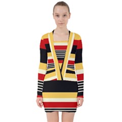 Contrast Yellow With Red V-neck Bodycon Long Sleeve Dress by tmsartbazaar