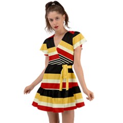 Contrast Yellow With Red Flutter Sleeve Wrap Dress by tmsartbazaar