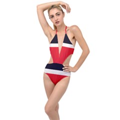 Navy Blue With Red Plunging Cut Out Swimsuit by tmsartbazaar