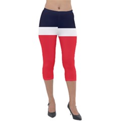 Navy Blue With Red Lightweight Velour Capri Leggings  by tmsartbazaar