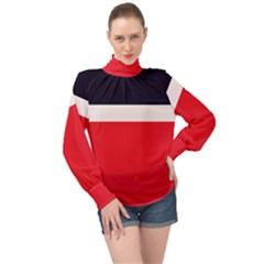 Navy Blue With Red High Neck Long Sleeve Chiffon Top by tmsartbazaar