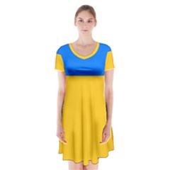 Bright Yellow With Blue Short Sleeve V-neck Flare Dress by tmsartbazaar