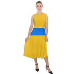 Bright Yellow With Blue Midi Tie-back Chiffon Dress by tmsartbazaar