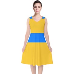 Bright Yellow With Blue V-neck Midi Sleeveless Dress  by tmsartbazaar