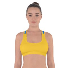 Bright Yellow With Blue Cross Back Sports Bra by tmsartbazaar