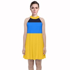 Bright Yellow With Blue Velvet Halter Neckline Dress  by tmsartbazaar