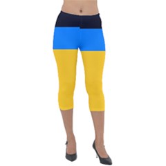 Bright Yellow With Blue Lightweight Velour Capri Leggings  by tmsartbazaar