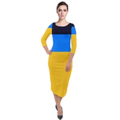 Bright Yellow With Blue Quarter Sleeve Midi Velour Bodycon Dress by tmsartbazaar