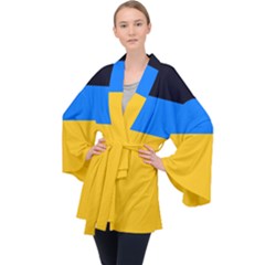 Bright Yellow With Blue Long Sleeve Velvet Kimono  by tmsartbazaar