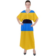 Bright Yellow With Blue V-neck Boho Style Maxi Dress by tmsartbazaar