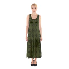 Army Green Color Batik Sleeveless Maxi Dress by SpinnyChairDesigns