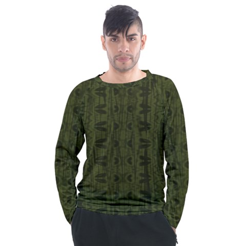 Army Green Color Batik Men s Long Sleeve Raglan Tee by SpinnyChairDesigns