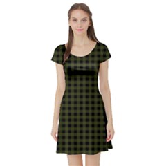 Army Green Black Buffalo Plaid Short Sleeve Skater Dress by SpinnyChairDesigns