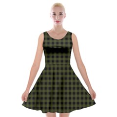 Army Green Black Buffalo Plaid Velvet Skater Dress by SpinnyChairDesigns