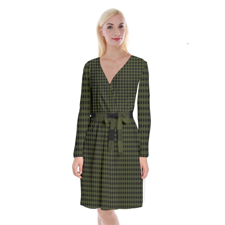 Army Green Black Buffalo Plaid Long Sleeve Velvet Front Wrap Dress