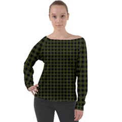 Army Green Black Buffalo Plaid Off Shoulder Long Sleeve Velour Top by SpinnyChairDesigns