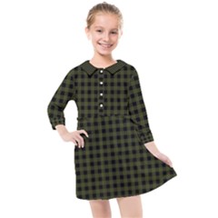 Army Green Black Buffalo Plaid Kids  Quarter Sleeve Shirt Dress by SpinnyChairDesigns