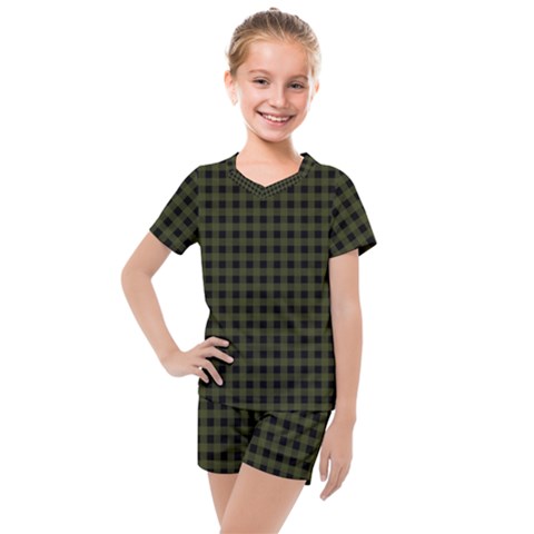 Army Green Black Buffalo Plaid Kids  Mesh Tee And Shorts Set by SpinnyChairDesigns