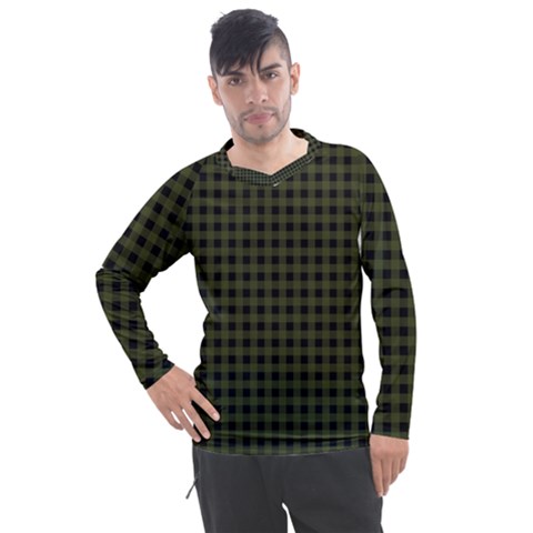 Army Green Black Buffalo Plaid Men s Pique Long Sleeve Tee by SpinnyChairDesigns