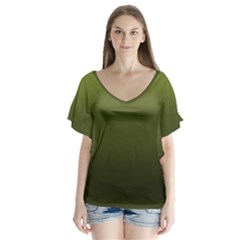 Army Green Gradient Color V-neck Flutter Sleeve Top by SpinnyChairDesigns